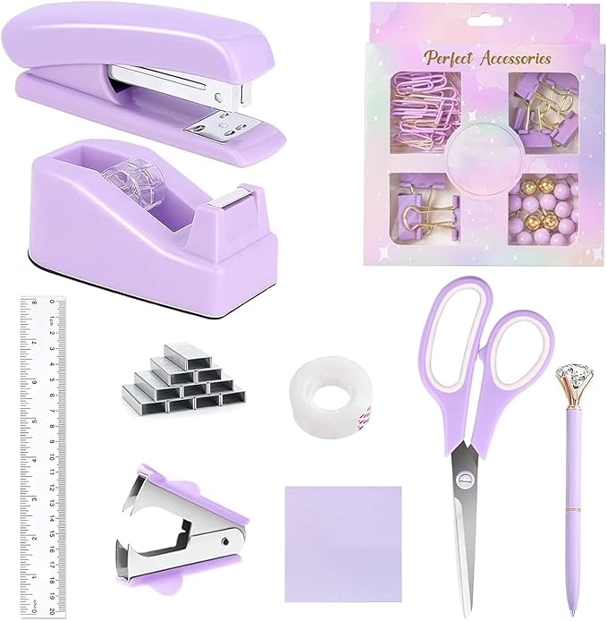 Office Supplies Set,Desk Accessories,Stapler and Tape Dispenser Set,1000 Staples,Staple Remover,Hinder Clips,Ruler,Scissor,Clear Tape,Ballpoint Pen,Sticky Notes,Gifts for Colleagues(Purple)