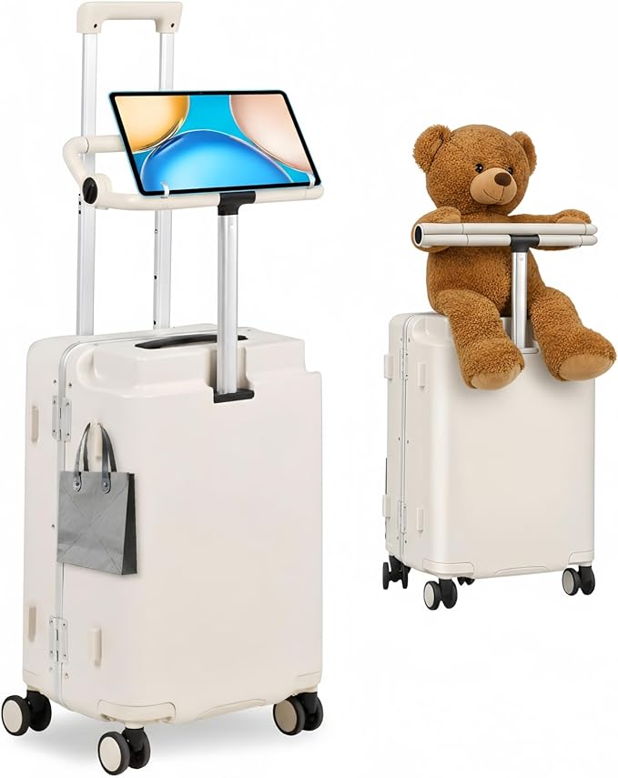 Kids Ride-On Luggage with Adjustable Safety Seat, 20 Inch Carry On Suitcase with 360° Silent Wheels, Cup & Tablet Holder, TSA Lock, For Toddlers to Adults, 200lbs Support, Lightweight Travel Suitcase