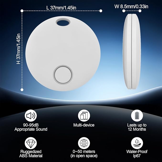 Tacker Tags-2 Pack, Bluetooth Tracker, Keys Finder and Item Locator for Keys, Bags Luggage, Suitcases and Wallet, Tracking Tags, Works with TUYA APP, Both iOS and Android Compatible, White