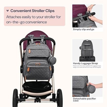 BabbleRoo Diaper Bag Backpack - Travel Large Baby Diaper Bag with Changing pad, Waterproof Baby Bags for Mom & Dad, Unisex Bags with Pacifier Case, Luggage Strap & Stroller Clips - Dark Gray