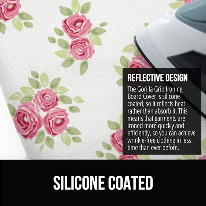 GORILLA GRIP The Original Ironing Board Cover and Pad, Silicone Coating, Thick Scorch Resistant Padding, Heavy Duty Iron Covers Standard Boards, Hook and Loop Fastener Strap, Pink Floral, 15x54