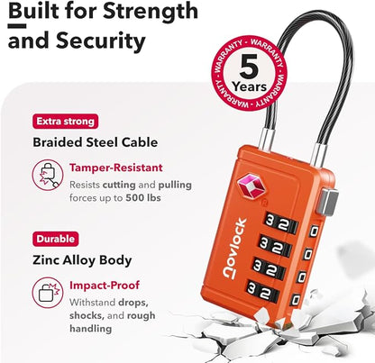 TSA Approved Luggage Locks | Inspection Indicator, 4-Digit Combination, Durable Zinc Alloy | for Suitcases, Backpacks, Travel Bags | Orange, 2-Pack