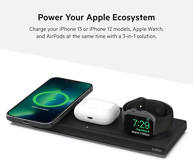 Belkin MagSafe 3-in-1 Wireless Charging Pad - Fast Charging for Apple Watch, iPhone 17, 16, 15, 14 Series, AirPods, & More - MagSafe Charging Station for Multiple Devices Black (Certified Refurbished)