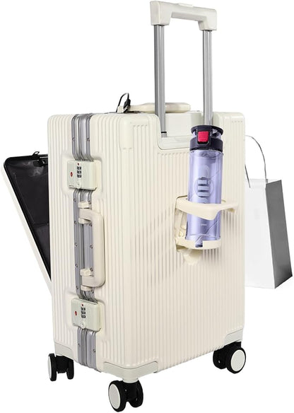 20" Carry On Luggage, Boarding Suitcase Hard Shell Suitcases with Spinner Wheels, Cup Holder, Front Compartment, USB Port, TSA Lock for Travel Front Opening