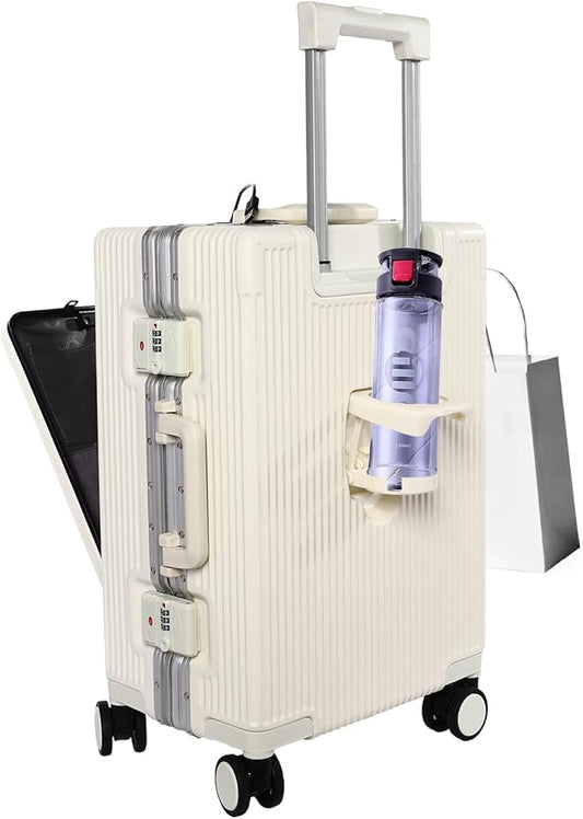 20" Carry On Luggage, Boarding Suitcase Hard Shell Suitcases with Spinner Wheels, Cup Holder, Front Compartment, USB Port, TSA Lock for Travel Front Opening