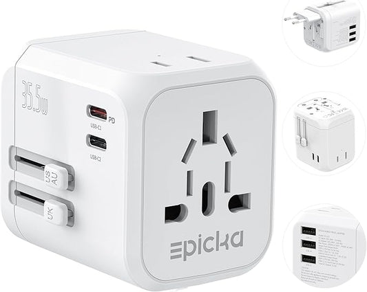 EPICKA 35W Universal Travel Adapter with 2 AC Outlet, European Travel Plug Adapter with PD Fast Charging, 6-Port (2 AC/2 USB-C/3 USB-A) International Power Adapter - Travel Essentials (TA-205, White)
