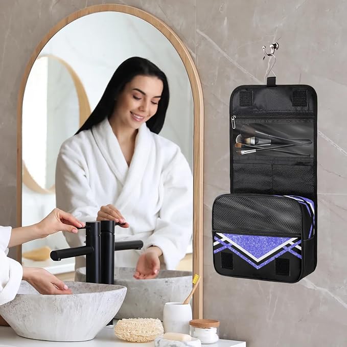 Personalized Hanging Toiletry Bag for Women, Large Capacity Cheerleading Travel Custom Name For Mothers Day, Birthday, Anniversary, Wedding, Light Blue Glitter Black