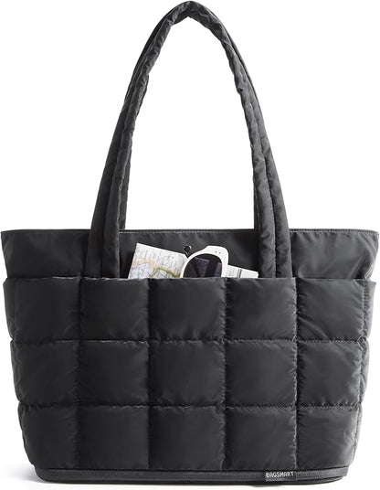 BAGSMART Expandable Tote Bag for Women, Puffer Work Tote Handbag, Quilted Carry On Bag for Travel Gym