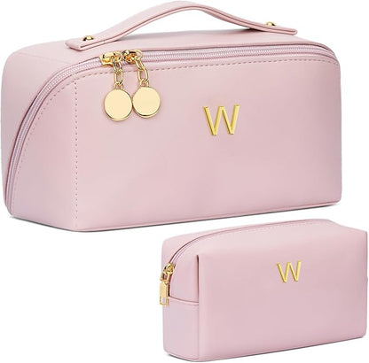 Birthday Gifts for Women Teen Girl, Personalized Initial Makeup Organizer Bag Set, Open Flat Travel Cosmetic Bag With Clear Divider and Handle(Pink,W)