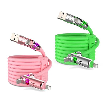 MFish 240W 4-in-1 Universal USB Charging Cable [2 Pack, 6.6ft] – Fast Charger Cord with USB-A, Dual USB-C & Lighting, for iPhone 14/15/16/17 Series, iPad & MacBook & More (2PACK, Pink+Green, 6.6Ft)