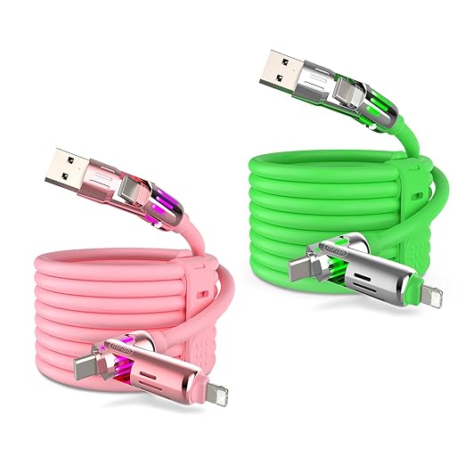 MFish 240W 4-in-1 Universal USB Charging Cable [2 Pack, 6.6ft] – Fast Charger Cord with USB-A, Dual USB-C & Lighting, for iPhone 14/15/16/17 Series, iPad & MacBook & More (2PACK, Pink+Green, 6.6Ft)