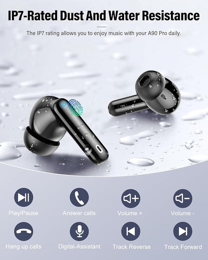 Wireless Earbuds, Bluetooth 5.4 Headphones Bass Stereo, Ear Buds with Noise Cancelling Mic, LED Display in Ear Earphones Clear Calls, IP7 Waterproof Bluetooth Earbuds for Laptop/Phones/Sports, Black