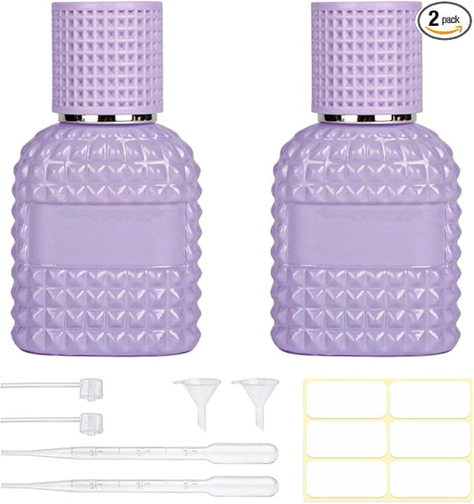 2 Pack 30ml Perfume Spray Bottles Empty, Refillable Glass Fine Mist Atomizer, Portable Travel Perfume Atomizers Fragrance Containers Sprayer for Cleaning, Essential Oils, Liquids (Purple)
