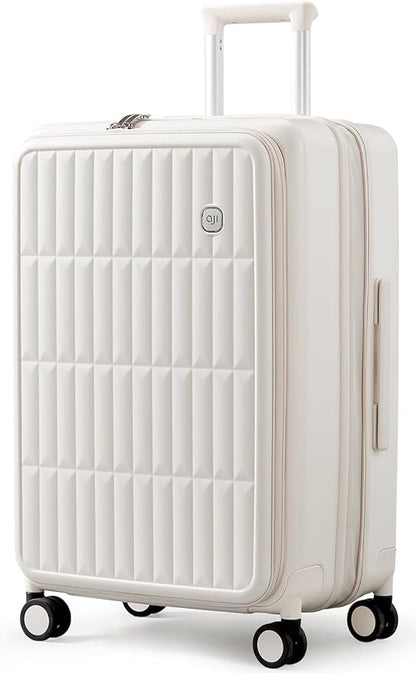 aji Expandable Top Open 26 Inch Checked Luggage with Spinner Wheels, Large Suitcase with TSA Lock, Hardside Travel Luggage Suitcases for Men Women, for 24+Days Travel, Coconut White