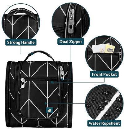 PAVILIA Toiletry Bag Travel Bag for Women Men, Hanging Cosmetic Organizer, Water Resistant Makeup Bag for Accessories Toiletries, Large Travel Essentials Kit (Black Chevron)