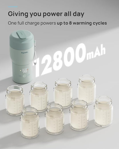Papablic Pro Portable Bottle Warmer — 115W Fastest Heating, Built-in Sterilizer, 8 Feeds per Charge, 5 Temp Settings + Keep Warm, for Breastmilk & Formula, Mint Green