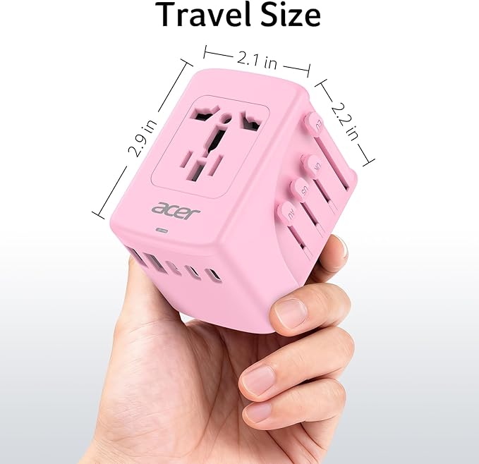 Acer Universal Travel Plug Adapter - International Power Adapter with 5 USB Ports (3 USB C) 5.8A, Worldwide Outlet Charger for USA to European UK France Germany Spain, Type C/E/F/G/I/L/A,Pink