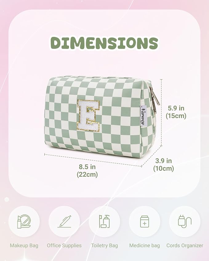 Narwey Birthday Gifts for Teen Girls Women Personalized Initial Checkered Makeup Bag Preppy Cosmetic Bag Trendy Stuff 6 8 10 11 12 13 14 16 18 Years Old Travel Toiletry Bag (Green Letter E)