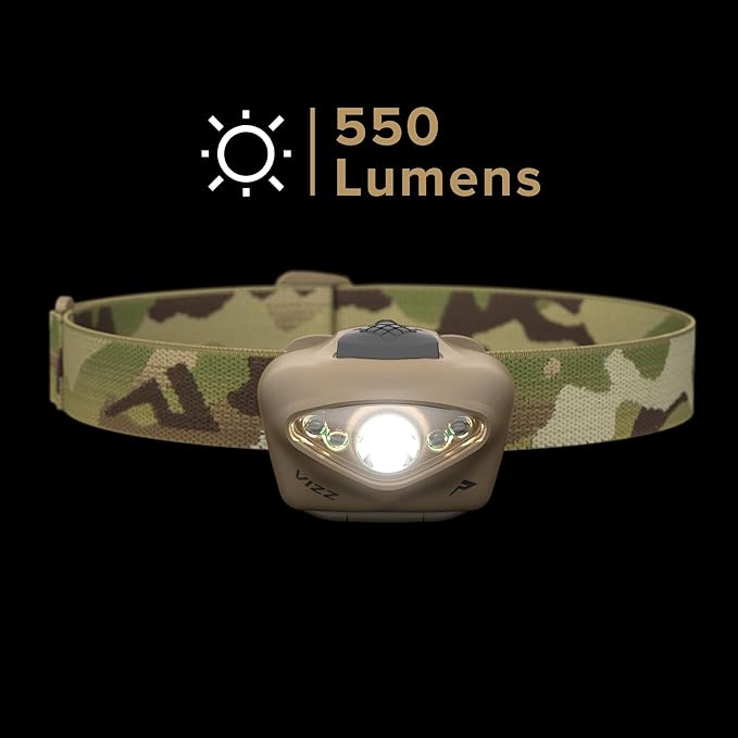 Princeton Tec VIZZ 550 RGB MPLS – 550 Lumen AAA-Powered Tactical Headlamp, Dimmable Spot & Flood White, Red, Green & Blue LEDs, Programmable, IPX7 Waterproof, Ultra-Light, USA Made, Color Multi Cam