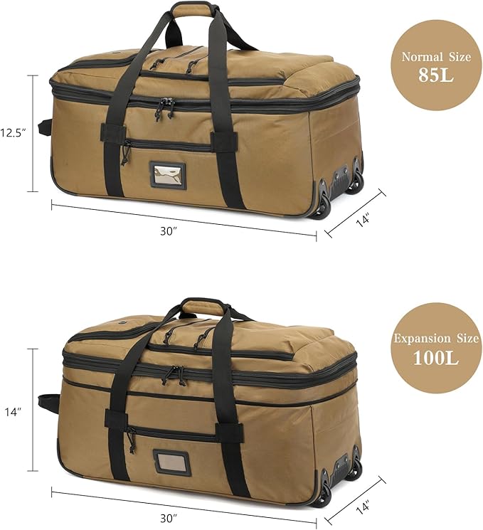 Extra Large Rolling Travel Duffle Bag with Wheels Shoes Compartment Wet Pocket 85-100L Big Expandable Duffel Bag for Men Women Heavy Duty Foldable Collapsible Luggage Camping, Brown
