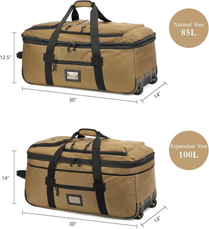Extra Large Rolling Travel Duffle Bag with Wheels Shoes Compartment Wet Pocket 85-100L Big Expandable Duffel Bag for Men Women Heavy Duty Foldable Collapsible Luggage Camping, Brown