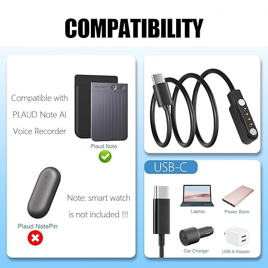 [2-Pack] USB-C Magnetic Charger for PLAUD Note AI Voice Recorder Charger Replacement Charging Cable Type C for PLAUD Note Voice Recorder (2ft/60cm)