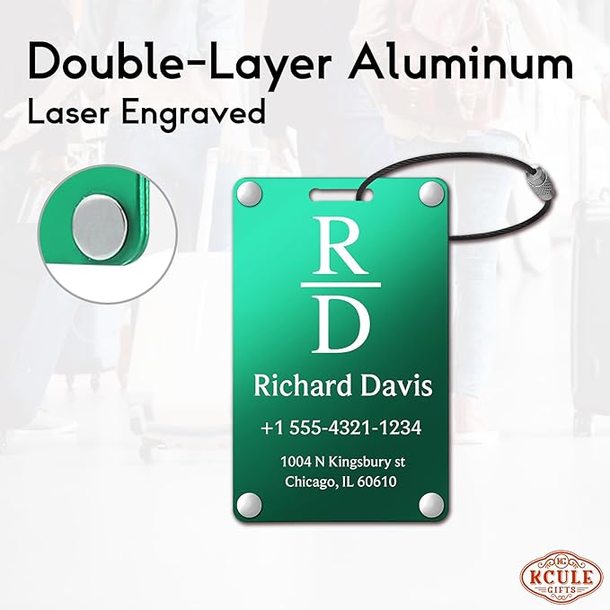 Personalized Luggage Tags for Suitcases - Monogram Style Aluminum Custom Luggage Tags for Backpacks & Bags, Sturdy, Waterproof & Heavy Duty (Green/Card-Sized)
