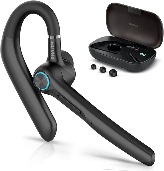 Philips Bluetooth Headset with Mic, Wireless Bluetooth Earpiece, 400mah Charging Case with LED Display, all-day extended playtime, Built-in microphone for Hands-Free Calling Designed for Trucker, Work