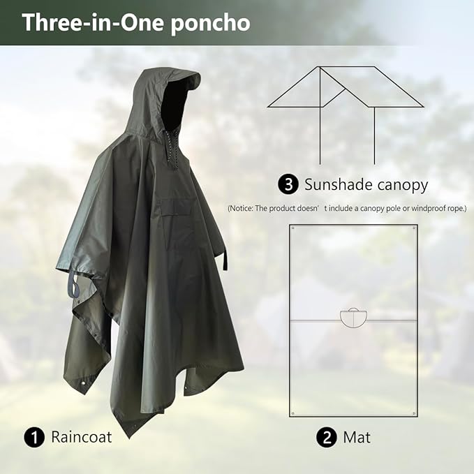 Hooded Rain Poncho,Multi Use Waterproof Raincoat,For Hiking, Camping and Emergency,Suitable for Unisex Adults