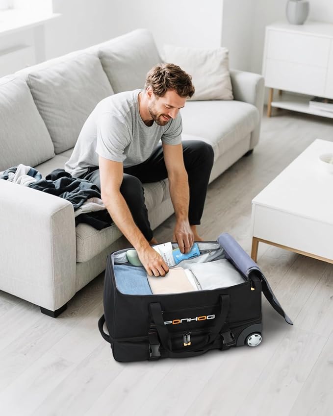 25 Inch Duffle Bag with Wheels and Handle for Men - Water Resistant Wheeled Duffle Bag for Weekend Travel & Overnight Trips, Black