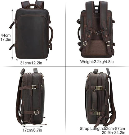 Masa Kawa Leather 15.6 Inch Laptop Backpack for Men Expandable 36L Business Travel Rucksack Daypack Weekender Bag