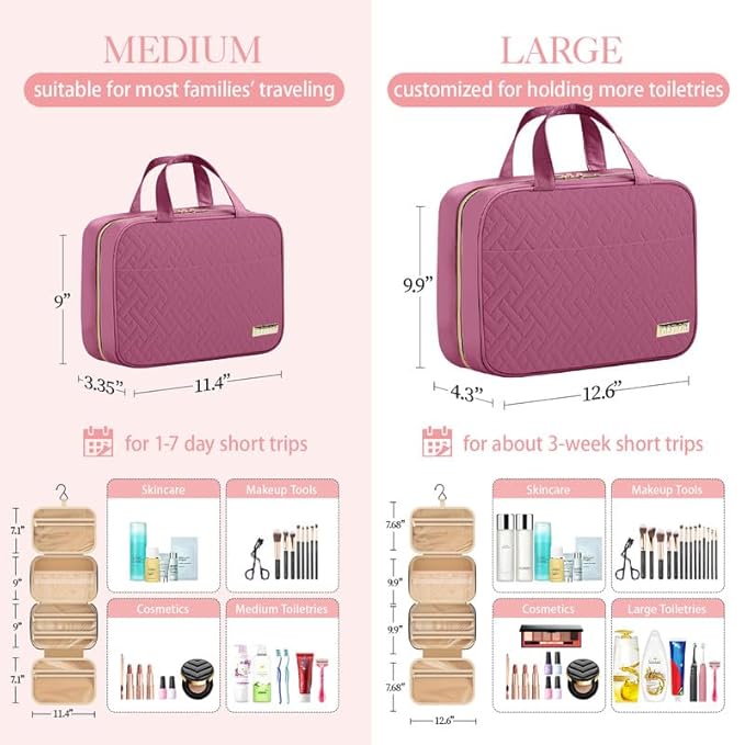 HOTOR Travel Toiletry Bag - Hanging Toiletry Bag for Women & Men, Makeup Bag/Big Comparment, Waterproof for Travel Accessories, Travel Essentials, Large, Rosewood-Pink