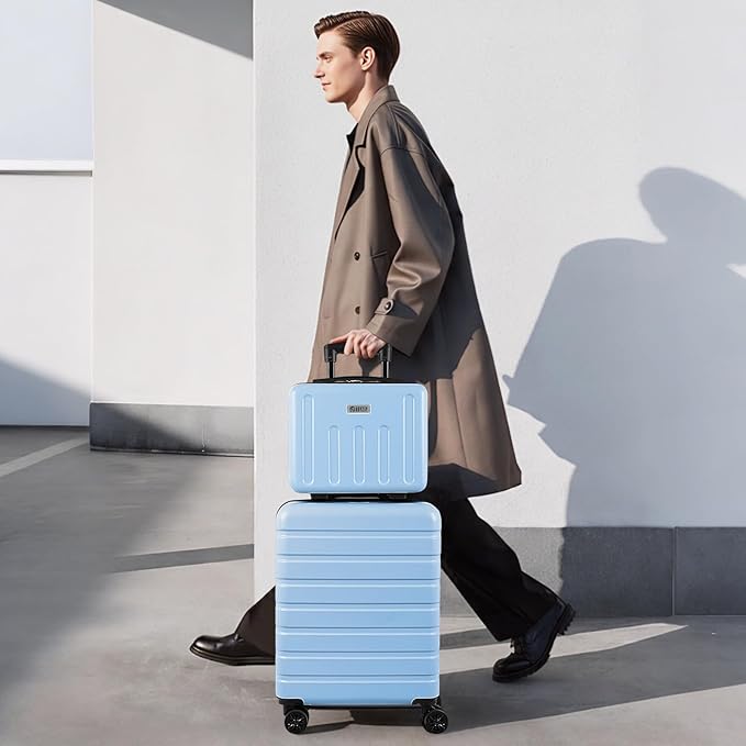 AnyZip Suitcase, 20" Carry On Luggage 14" Mini Cosmetic Cases Luggage Sets Hardside PC ABS Lightweight USB Suitcase with Wheels TSA for kids (2 Piece Set 14/20, Light blue)