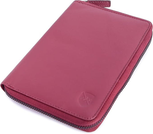 ALLEN & MATE 100% Leather Passport Holder for Women & Men - RFID Blocking Travel Document Organizer with Credit Card & SIM Slot, Slim Genuine Leather Wallet for Travel Essentials, Maroon