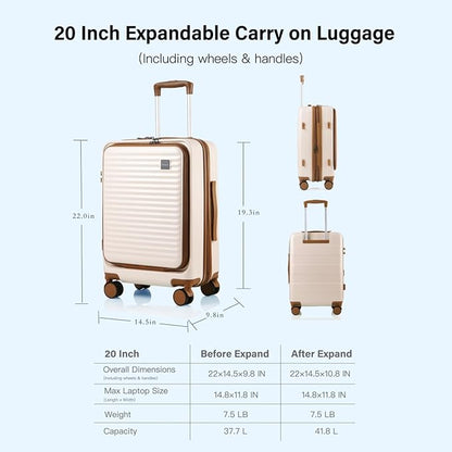 Carry On Luggage Airline Approved, 20 Inch Expandable PC Hardside Lightweight Suitcases with Spinner Wheels and TSA Lock (Beige, 20 Inch)