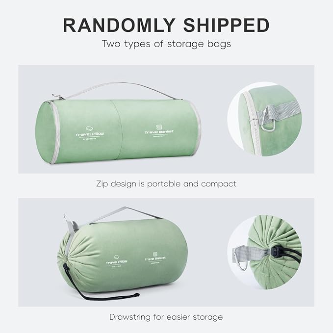 Travel Pillow and Blanket Set Neck Pillows Soft Blankets with Sleep Mask Travel Essentials for Airplane Car Memory Foam Sage Green