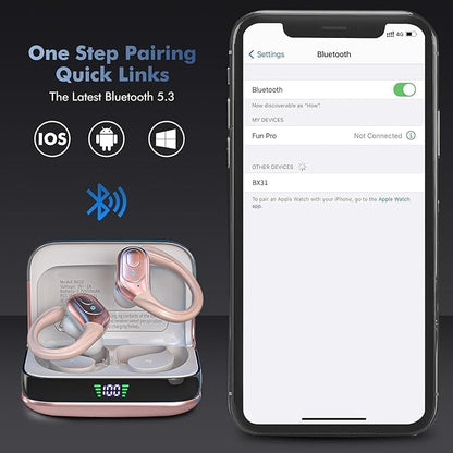 Wireless Earbuds Bluetooth 5.4 Headphones, IPX7 Waterproof Earphones, Over-Ear Earphones, Noise Canceling Ear Buds with 75hr Playtime, LED Power Display for Sports/Workouts - Rose Gold