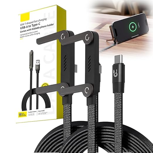 240W Braided Fast Charge Cable with Built-in Phone Stand, 2026 New T-Shaped Durable USB-C to USB-C Charger Cord, Charging Cord with Foldable Phone Holder (Black-2 Pack)