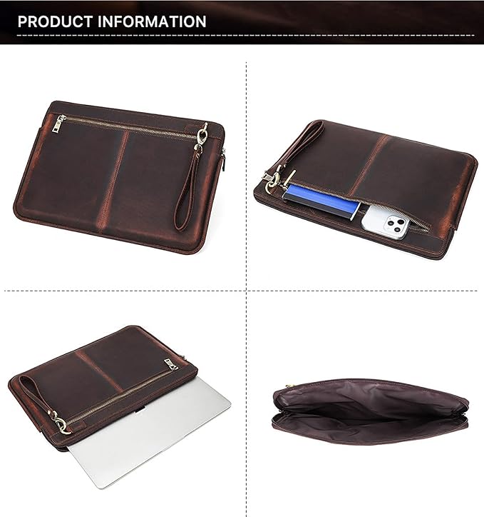 Top Grain Leather 15.4" Slim Laptop Sleeve Case Bag, Vintage Design with 2 Zip Pocket, Handmade, Compatible with MacBook Pro 15.4" Retina 2.6GHz ThinkPad 15.6" & Other PC, Coffee 15.4 Inch