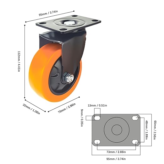 4 Inch Caster Wheels, Heavy Duty Casters Set of 4, Swivel Top Plate Industrial Casters for Furniture and Workbench, Orange Castors with Polyurethane Wheel (Orange 4 x Swivel, 4 Inch)