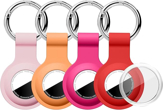 Upgraded for AirTag Holder with Clear Cover Full Coverage Case Keychain for Air Tag, Silicone for AirTags 4 Pack for Apple Holder GPS Tracker Item Tag Finders, Pink/Orange/Hot Pink/Red