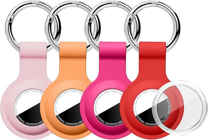 Upgraded for AirTag Holder with Clear Cover Full Coverage Case Keychain for Air Tag, Silicone for AirTags 4 Pack for Apple Holder GPS Tracker Item Tag Finders, Pink/Orange/Hot Pink/Red