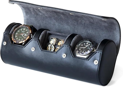Watch and Cufflink Organizer for Men - Portable 2 Slot Display Storage Box With Velvet Holder for Large Watches, Rings - Travel Roll Case