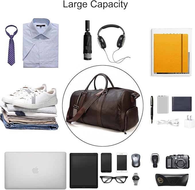 Leather Travel Bag Large Capacity Luggage Duffel Bag with Shoe Compartment, Men Women Weekend Shoulder Handbag for Holiday Business Trip (55cm-Brown)