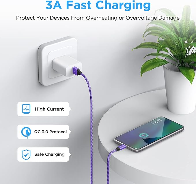 etguuds Purple Long USB A to USB C Cable 10ft, 2-Pack Fast Charging Type C Charger Cord for iPhone 17 16 15 Pro Max Plus Air 16e, Samsung Galaxy S25 S24 S23 S22 S21 S20 Note 20 A17 A16 A15 A26 A36 A56