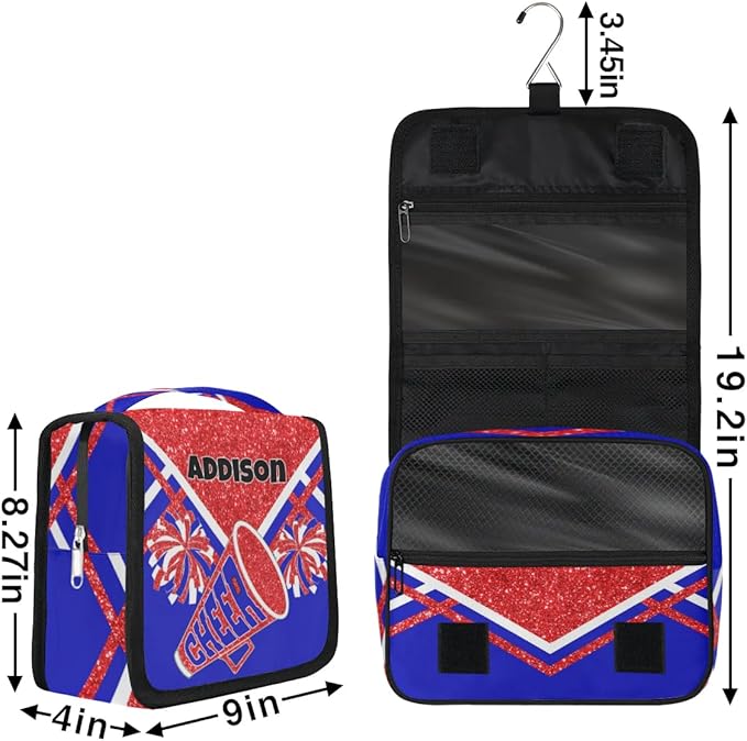 Customized Travel Cheer Hanging Toiletry Bag for Women, Waterproof Large Cosmetic Bag Makeup Cosmetic Organizer Case Bag, Red Glitters Royal Blue