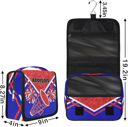 Customized Travel Cheer Hanging Toiletry Bag for Women, Waterproof Large Cosmetic Bag Makeup Cosmetic Organizer Case Bag, Red Glitters Royal Blue