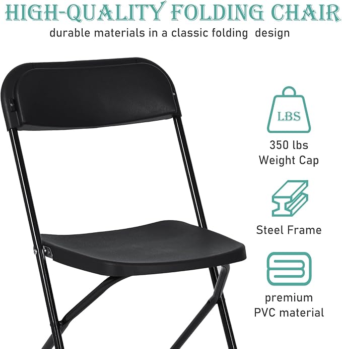 10 Pack Plastic Folding Chairs, Portable Stackable Commercial Seat Folding Chairs with Steel Frame 350lbs for Home Office Outdoor Indoor Office Wedding Party Events, Black