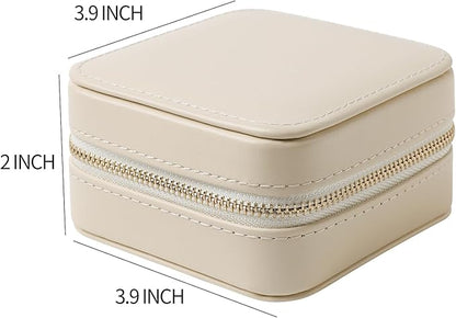 Genuine Leather Travel Jewelry Organizer Case with Mirror for Women, Small Mini Portable Jewelry Box for Earring, Ring, Necklace, Bracelet（Cream）