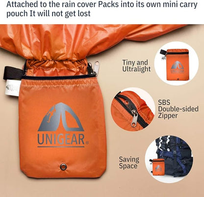 Unigear Backpack Rain Cover Waterproof Rating 5000mm Ultraportable and Durable with 2 Anti-Slip Buckle Strap, Integrated Carry Pouch Design (Orange, Large)